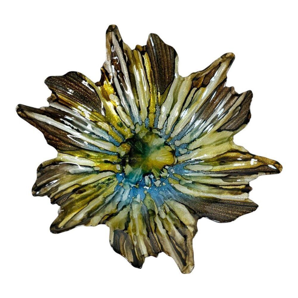 Hand Blown Glass Flower Bowl Glitter Blue Yellow Art Piece 12" Reverse Painted